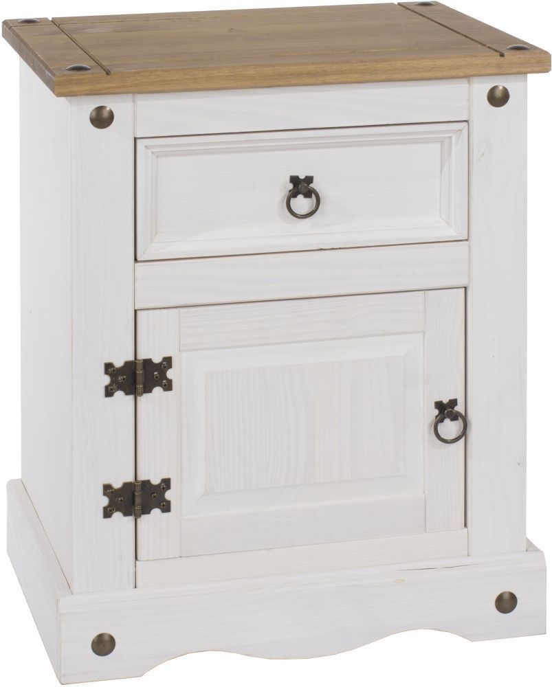 Product photograph of Corona White Mexican Pine 1 Door 1 Drawer Bedside Cabinet from Choice Furniture Superstore.